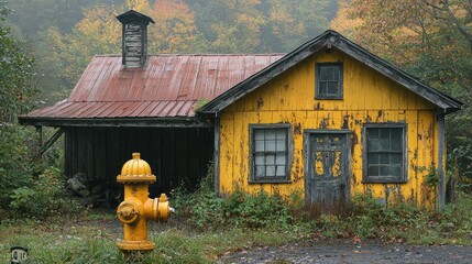 Abandoned yellow house beside a vintage fire hydrant in a misty forest setting