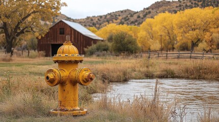 Bright yellow fire hydrant in a serene rural landscape with autumn foliage and a rustic barn