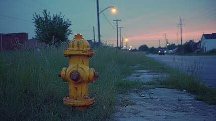 Yellow fire hydrant standing on a sidewalk at dusk with streetlights and a distant car in view