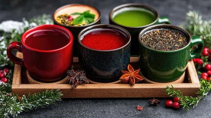Fototapeta premium Assorted Teas on Wooden Tray, Festive Setting