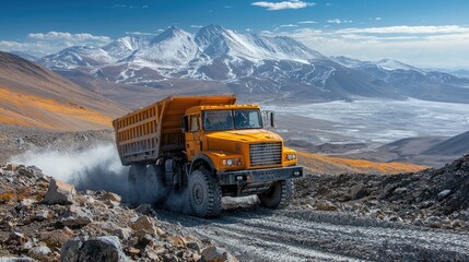 Yellow dump truck navigating rocky terrain with mountains and blue sky in the background