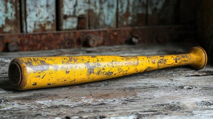 Old, weathered yellow baseball bat resting on a rustic wooden surface with peeling paint