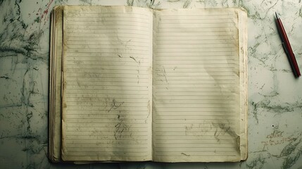 Open notebook on a marbled surface, displaying blank pages with slight wear, suggesting use