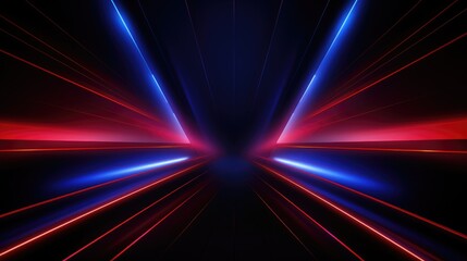 Abstract beautiful neon background with glowing lines, empty room interior design. Abstract geometric shapes, blue and red lights in a dark space