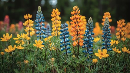 Vibrant wildflower field showcasing colorful lupines and yellow blossoms in serene nature
