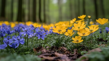 Vibrant wildflowers blooming in a serene forest, with soft light filtering through the trees