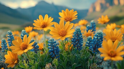 Vibrant wildflowers bloom in a scenic meadow, with mountains in the background under clear skies