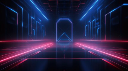 Fototapeta premium Abstract beautiful neon background with glowing lines, empty room interior design. Abstract geometric shapes, blue and red lights in a dark space