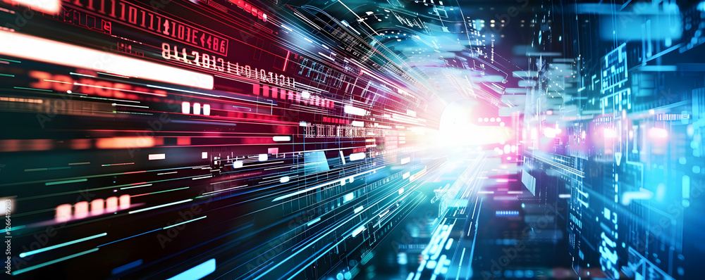 Poster abstract representation of digital data flow with colorful light streaks in a tech environment