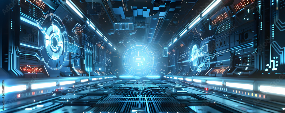 Aufkleber futuristic corridor with glowing elements and high-tech panels in a sci-fi setting