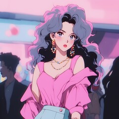Stylish Anime Girl with Pink Outfit and Blue Hair Retro 80s Aesthetic