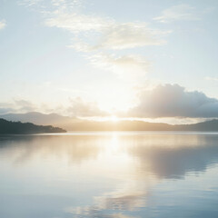 Fototapeta premium Serene sunrise over calm lake, mountains in the distance -ai