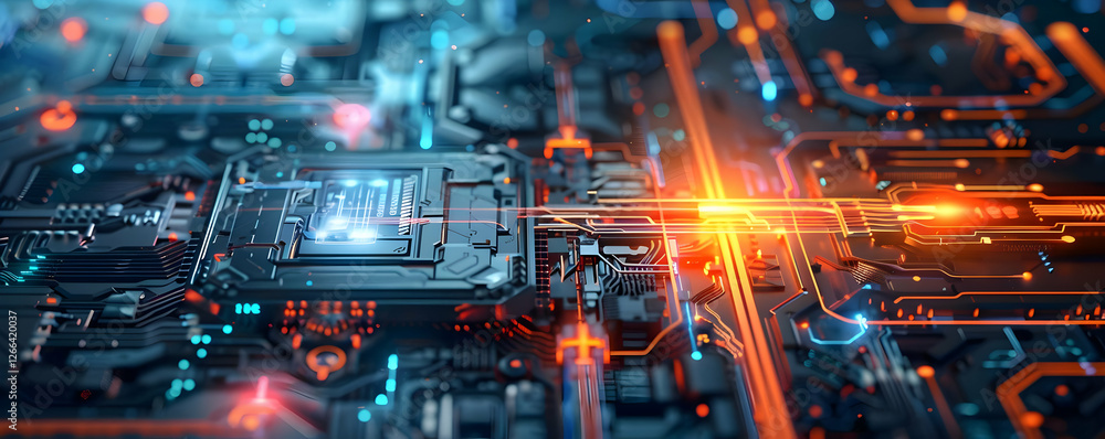 Poster abstract close-up of a futuristic circuit board with glowing lines and nodes