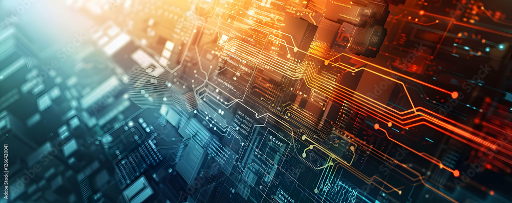 Poster abstract digital technology background with glowing circuits and patterns