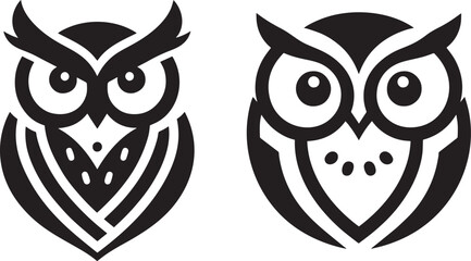 Two stylized owls, black and white.