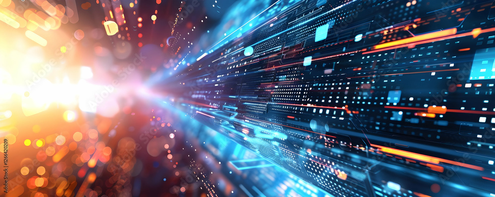 Poster abstract representation of digital data flow with vibrant colors and light effects