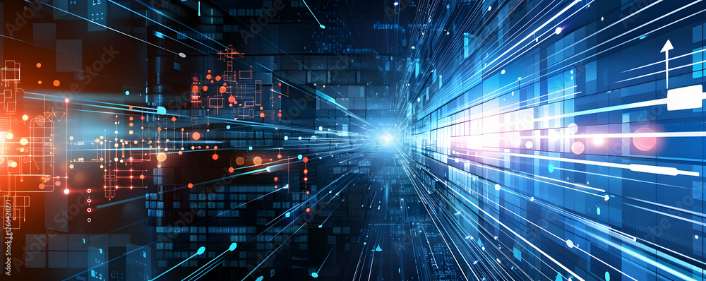 Poster abstract representation of digital data flow with vibrant light trails and patterns