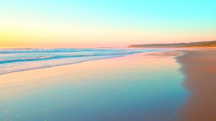 Pastel sunrise over tranquil ocean waves lapping a sandy shore -ai
