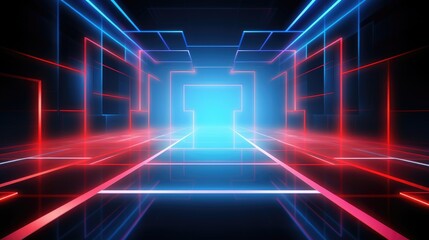 Obraz premium Abstract beautiful neon background with glowing lines, empty room interior design. Abstract geometric shapes, blue and red lights in a dark space