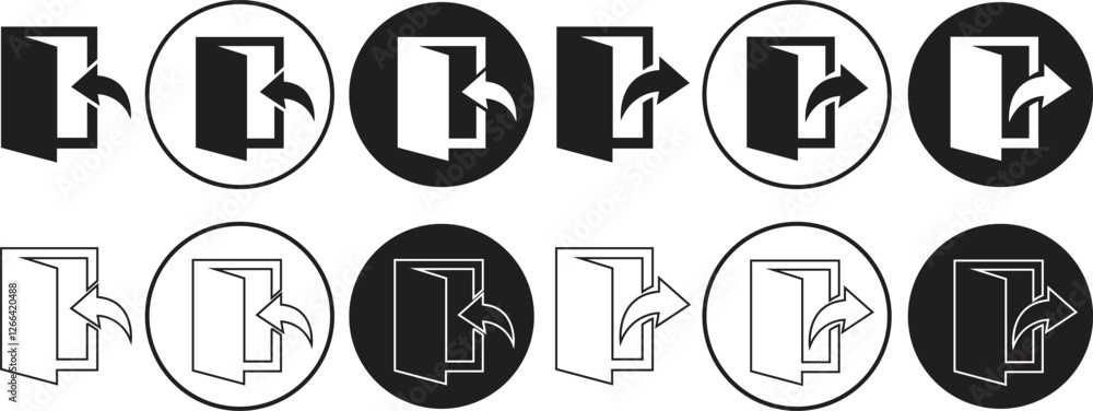 Poster set of enter and exit icons in flat and outline designs. arrows and door vectors entry symbols. logi