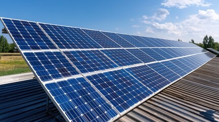 Solar Panels on Metal Roof under a Partly Cloudy Sky