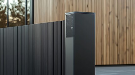 Modern black gate post beside sleek wooden fence with blurred background trees