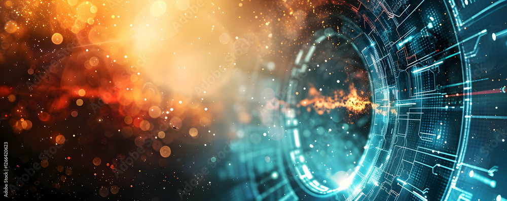 Poster futuristic digital interface with glowing elements and cosmic background