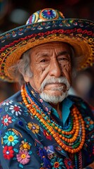 Fototapeta premium Portrait of Elderly Man in Vibrant Mexican Sombrero and Embroidered Clothing