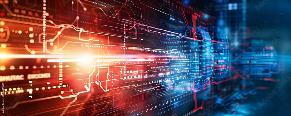 Poster futuristic digital landscape with vibrant data streams and glowing circuits