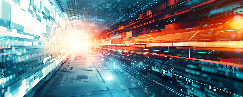 Poster futuristic digital corridor with vibrant light trails and abstract patterns