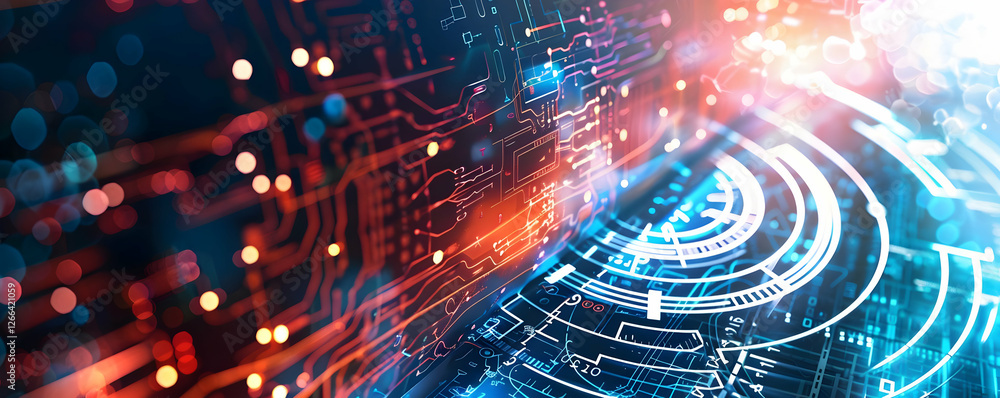 Poster abstract digital circuit design with glowing lines and circular patterns