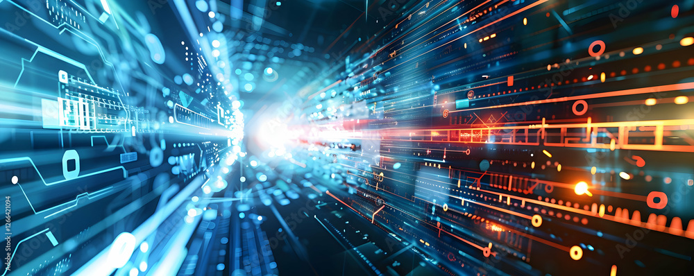 Poster Abstract digital background with light trails and binary code in motion