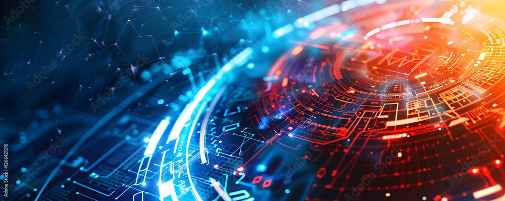 Poster abstract digital technology background with glowing circuits and data patterns