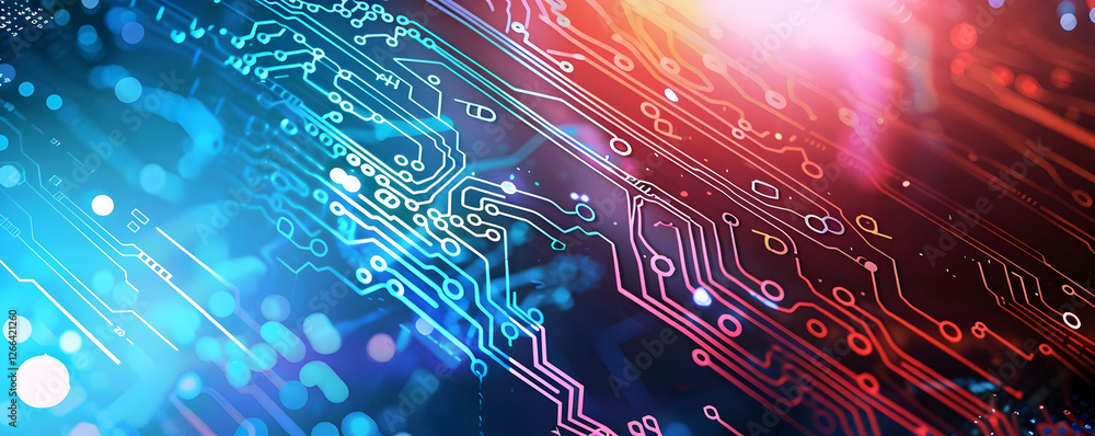 Poster abstract close-up of vibrant circuit board patterns with glowing elements
