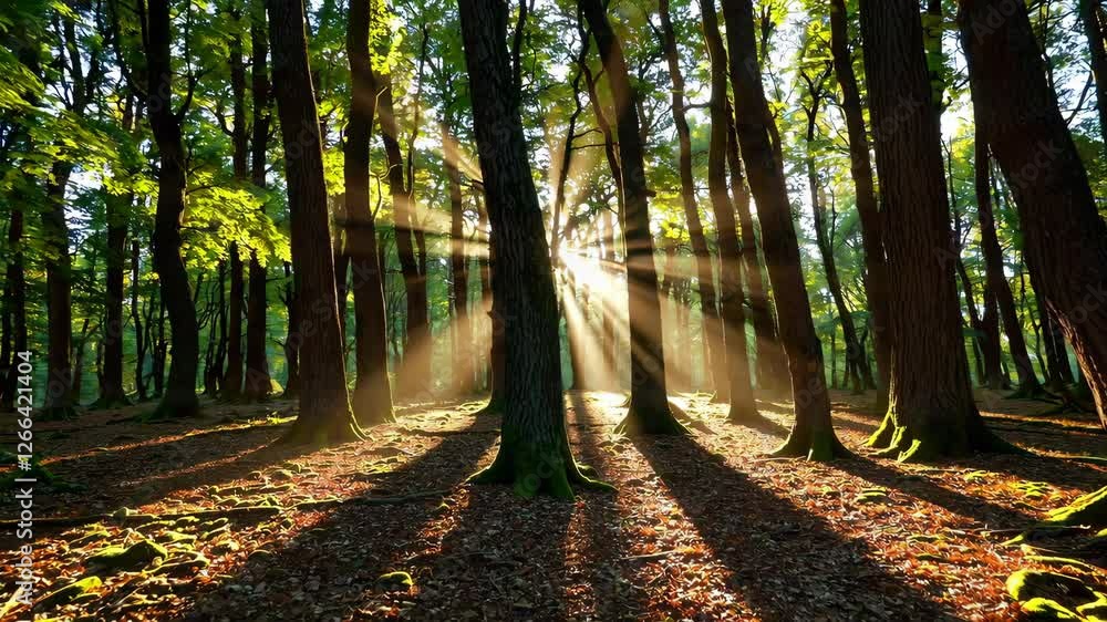 Aufkleber Sunlight streaming through forest trees creating serene atmosphere