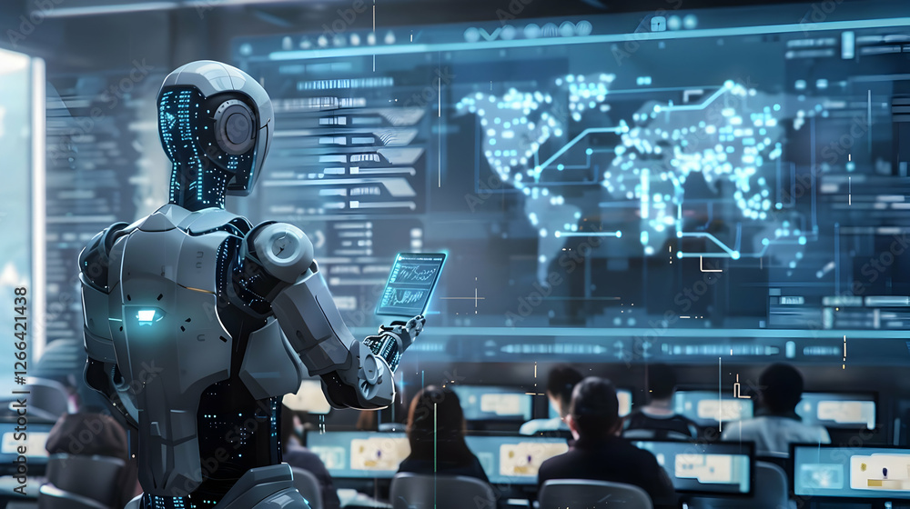 Poster futuristic robot analyzing global data in a high-tech control room setting