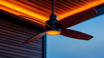 Modern ceiling fan with warm light in contemporary outdoor setting at dusk, enhancing ambiance