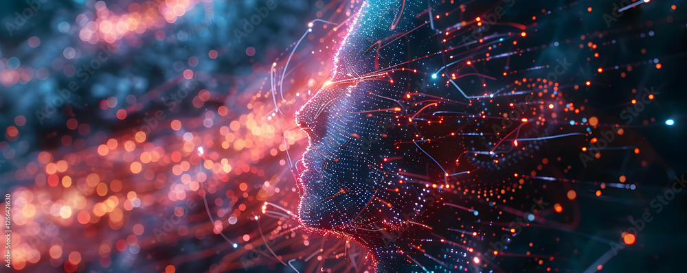 Aufkleber abstract digital representation of a human face with vibrant data streams in a cosmic backdrop