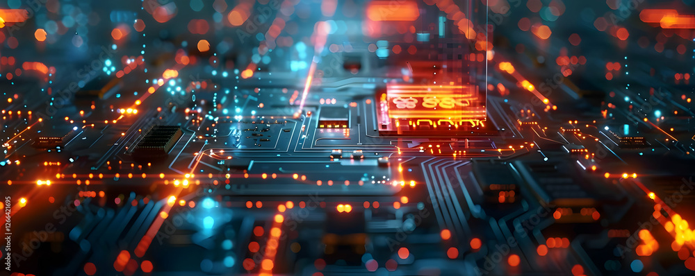 Poster abstract close-up of a vibrant circuit board with glowing lights and intricate patterns
