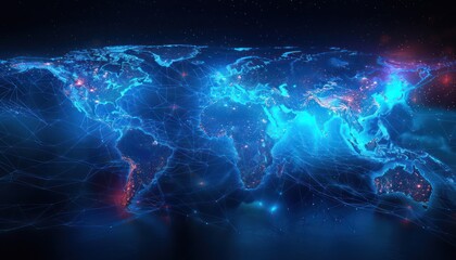 Obraz premium Wonderful futuristic international telecommunication network, concept about global information, background with abstract dynamic gradient line flows connecting cityspace around the world