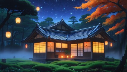 Traditional Japanese House – A Zen Retreat Amidst Cherry Blossoms with Glowing Fireflies Under a Starry Sky