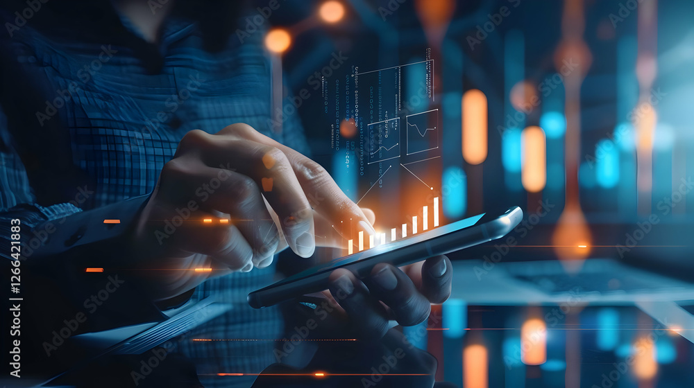 Poster person interacting with smartphone displaying data analytics in a futuristic setting