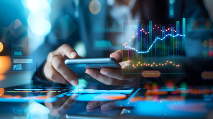 Business professional analyzing data trends on smartphone with digital graphs
