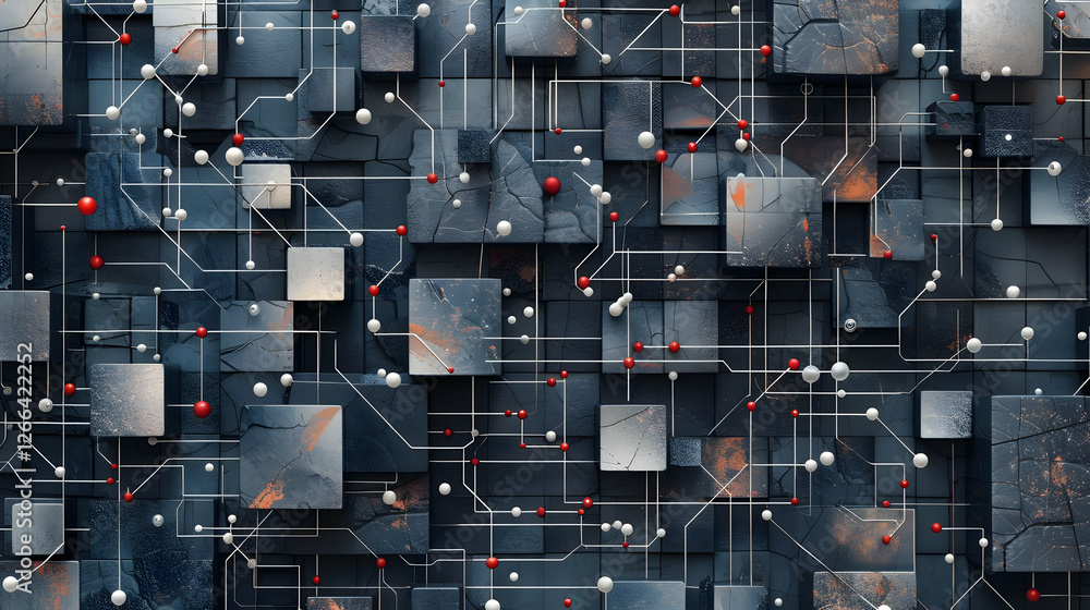 Poster abstract digital circuit design with interconnected squares and spheres