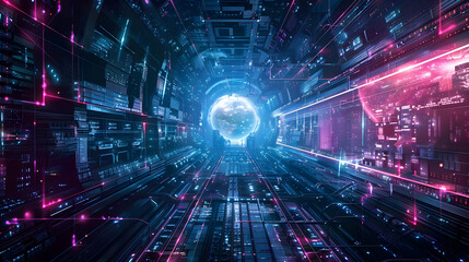 Obraz premium Futuristic digital tunnel with glowing elements and a cosmic sphere in the background