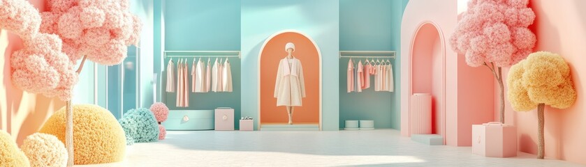 A vibrant boutique interior featuring colorful apparel displays, soft textures, and whimsical decor elements.
