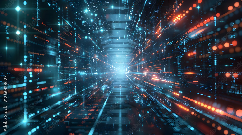 Poster futuristic digital tunnel with glowing lights and data streams, conveying speed