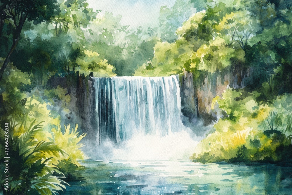 Aufkleber majestic waterfall cascading into tranquil pool amidst lush green foliage in a serene natural settin