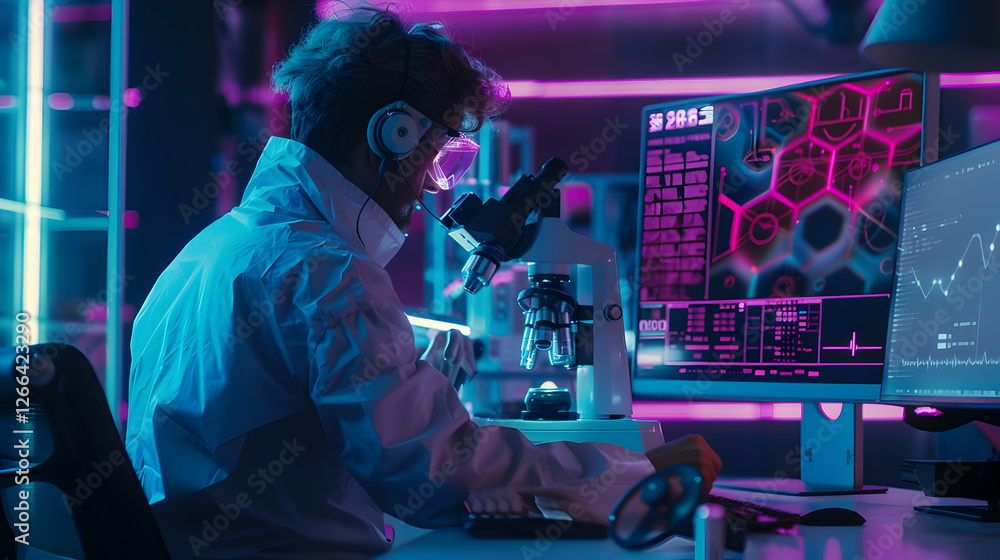 Poster scientist analyzing data under neon lights in a high-tech laboratory setting