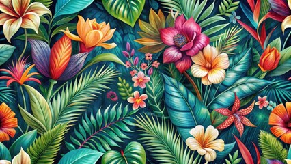 Vibrant Tropical Floral Design Featuring Lush Green Foliage and a Multitude of Exotic Blooms in a Seamless Pattern Ideal for Textile, Wallpaper, and Fabric Applications